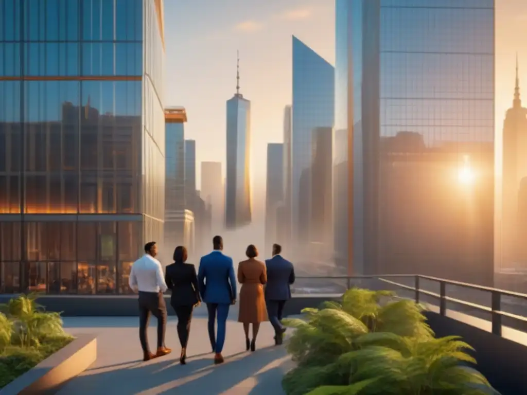 Horizonte futurista en economía emergente Inversión inmobiliaria en economías emergentes: Skyline futurista al atardecer, profesionales en discusiones frente a oficinas modernas