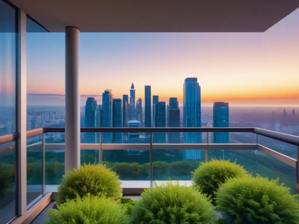 Rascacielos moderno y sostenible en ciudad vibrante al atardecer Inversión inmobiliaria para millennials: Edificio de lujo con diseño moderno y terraza verde, reflejando la ciudad al atardecer