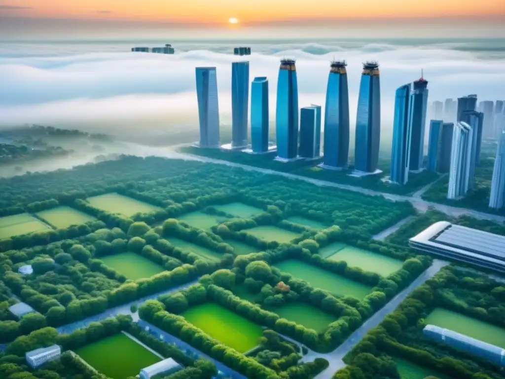 Metrópolis sostenible: armonía entre naturaleza y tecnología Inversión inmobiliaria ética rentable mundial: Ciudad moderna sostenible con rascacielos, espacios verdes y energías renovables integradas