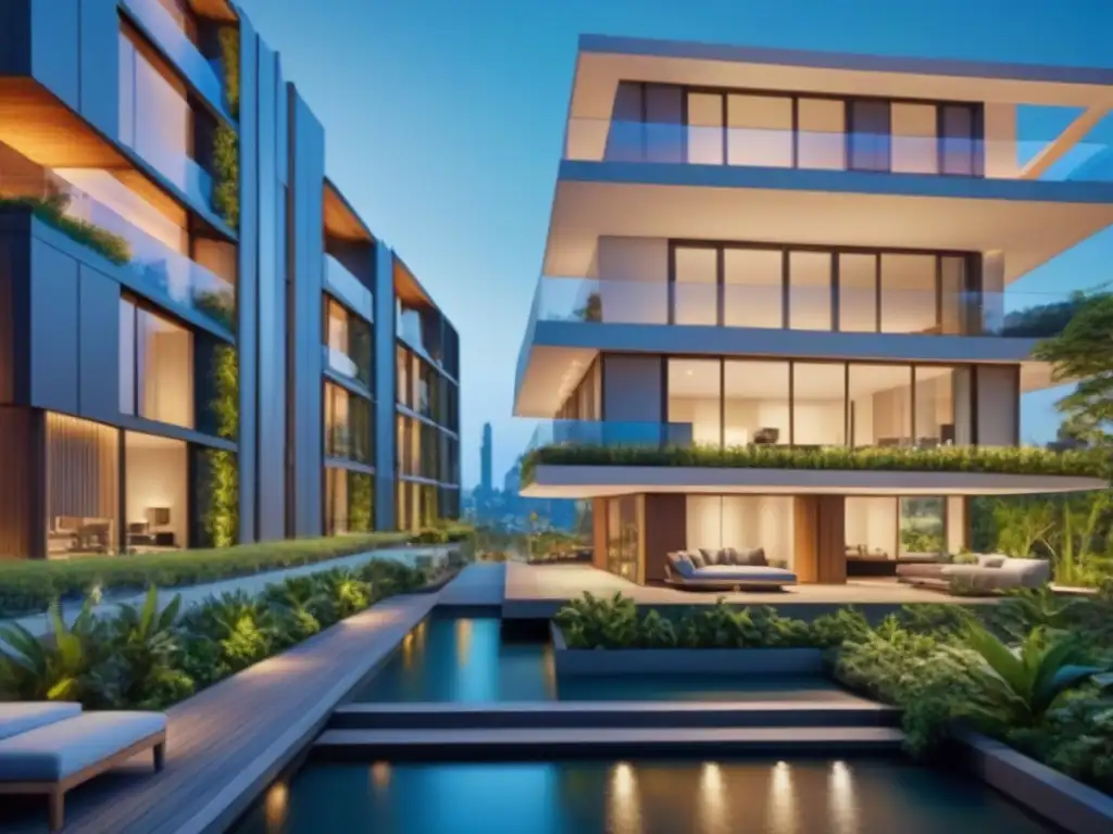 Edificio de lujo con diseño moderno y vista urbana al atardecer Inversión inmobiliaria ética rentable mundial: Edificio moderno de lujo con diseño arquitectónico elegante y vistas urbanas al anochecer