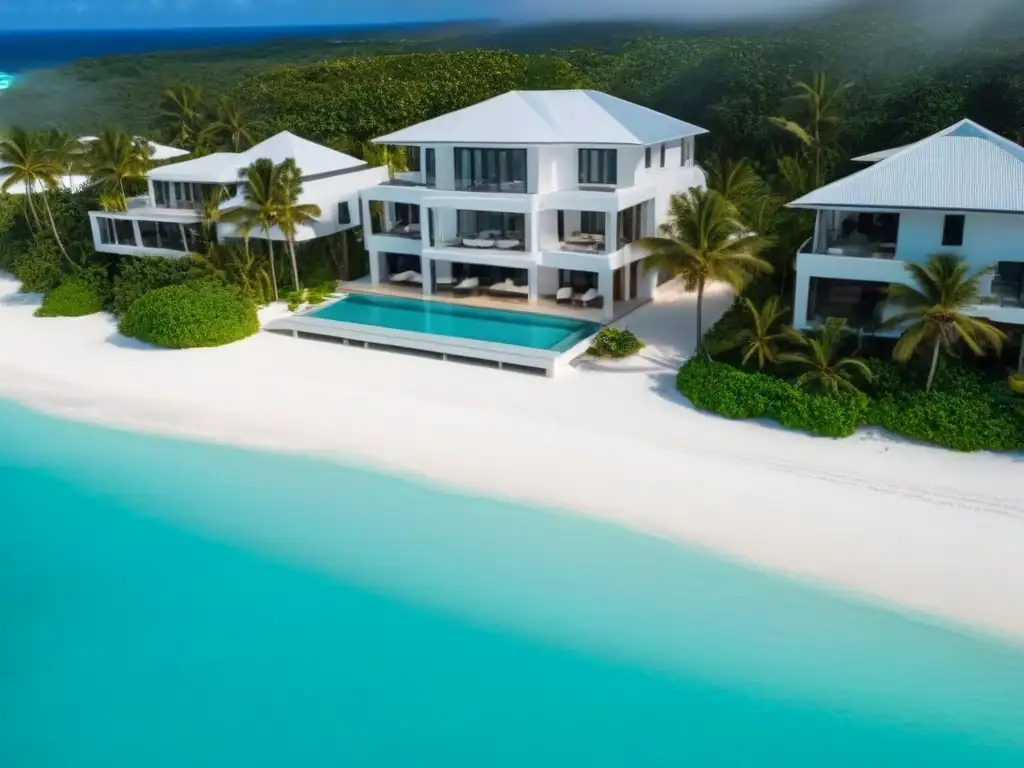 Propiedad de lujo frente al mar en el Caribe: vista aérea detallada Inversión inmobiliaria en el Caribe: exclusiva villa con vistas al mar, piscina infinita y playa de arena blanca