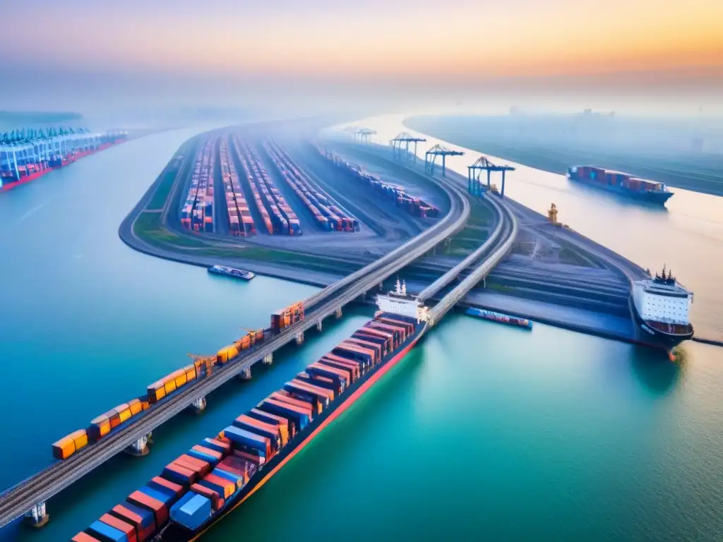 Infraestructura de la Iniciativa Belt and Road: Conexiones en Movimiento Inversión inmobiliaria en Franja y Ruta: Una vista aérea cautivadora de la infraestructura vibrante y conectada del proyecto global, iluminada por el cálido resplandor del amanecer