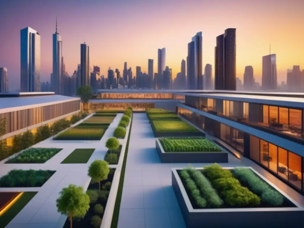 Metrópolis futurista: skyline moderno y sostenible al atardecer Inversión inmobiliaria para Millennials: Futurista ciudad sostenible con modernos rascacielos en vibrante atardecer urbano