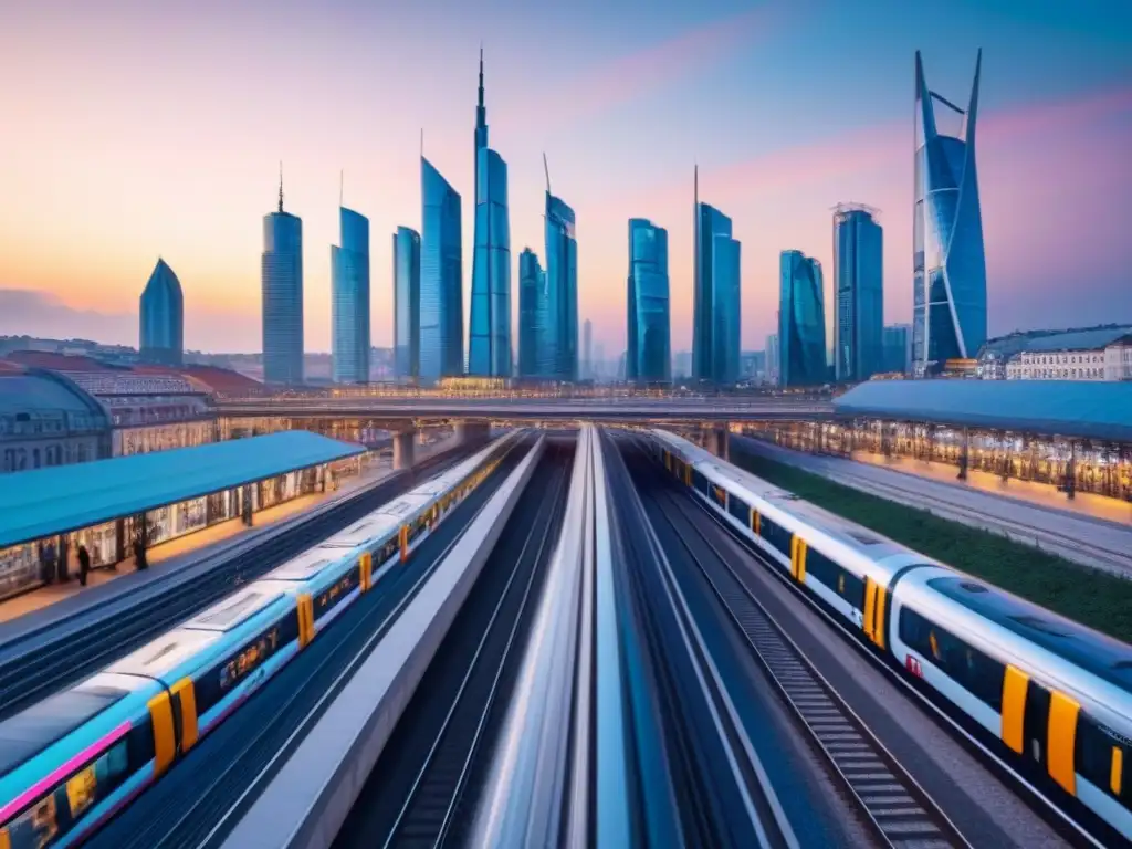 Skyline futurista en Europa del Este: mezcla de historia y modernidad Inversión inmobiliaria en Europa del Este: Futurista skyline con rascacielos espejados, trenes de alta velocidad y bulliciosas calles