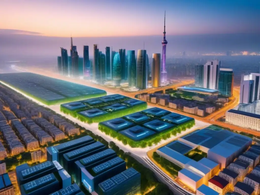 Metrópolis inteligente: ciudad futurista sostenible y conectada Inversión inmobiliaria global en ciudades inteligentes: Una vista aérea impactante de un paisaje urbano futurista con tecnología y sostenibilidad