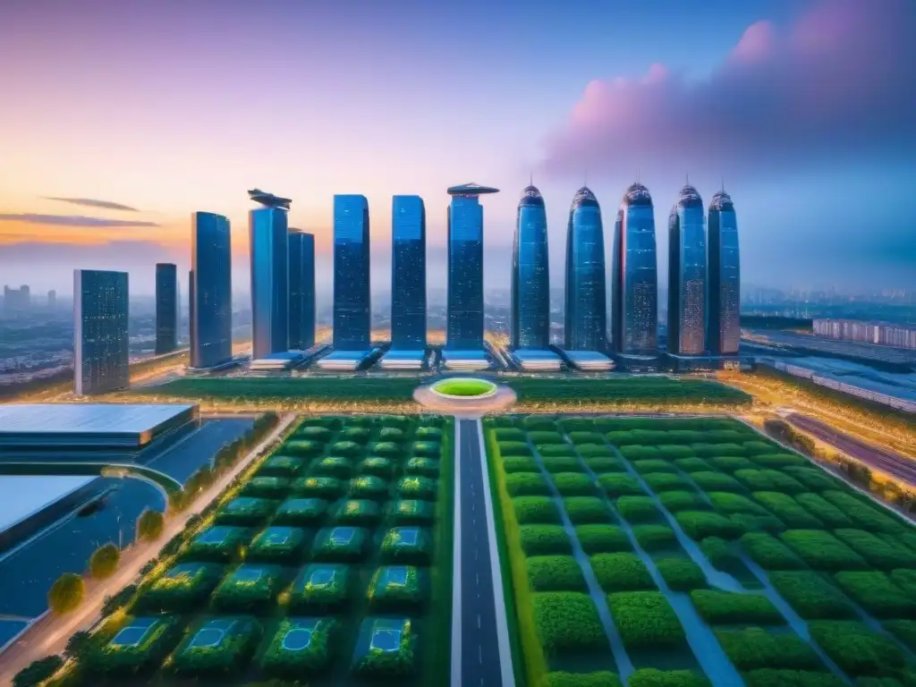 Metrópolis inteligente del futuro: innovación y sostenibilidad Inversión inmobiliaria global en ciudades inteligentes: Atardecer en la ciudad futurista con tecnología avanzada y espacios verdes integrados