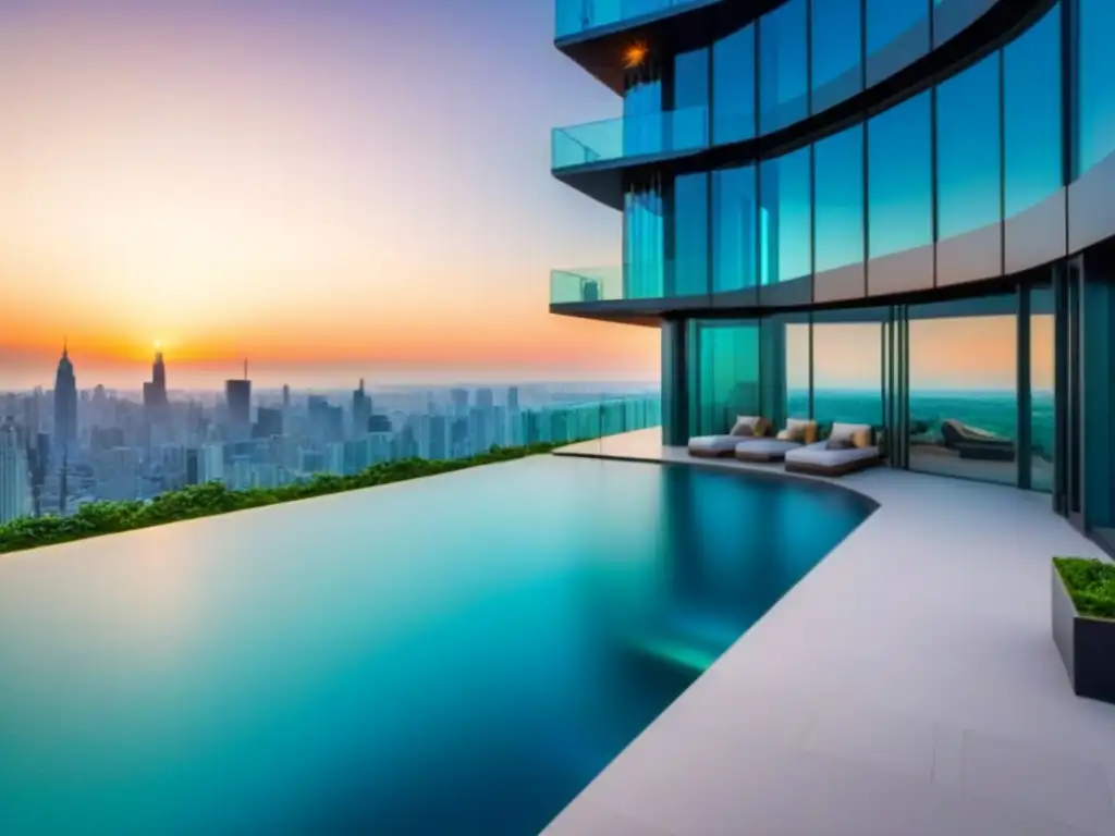 Espectacular rascacielos con vista panorámica al atardecer: inversión inmobiliaria exclusiva para millennials globales Inversión inmobiliaria global millennials: Edificio de lujo con ventanales y piscina en la azotea, enmarcado por el skyline urbano al atardecer