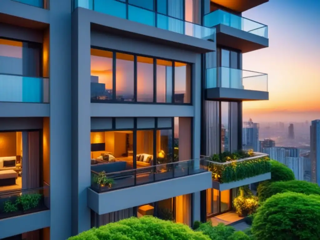 Edificio de lujo con ventanales panorámicos en ciudad vibrante Inversión inmobiliaria global fraccionada: Edificio moderno de lujo con vista a la ciudad y atardecer dorado