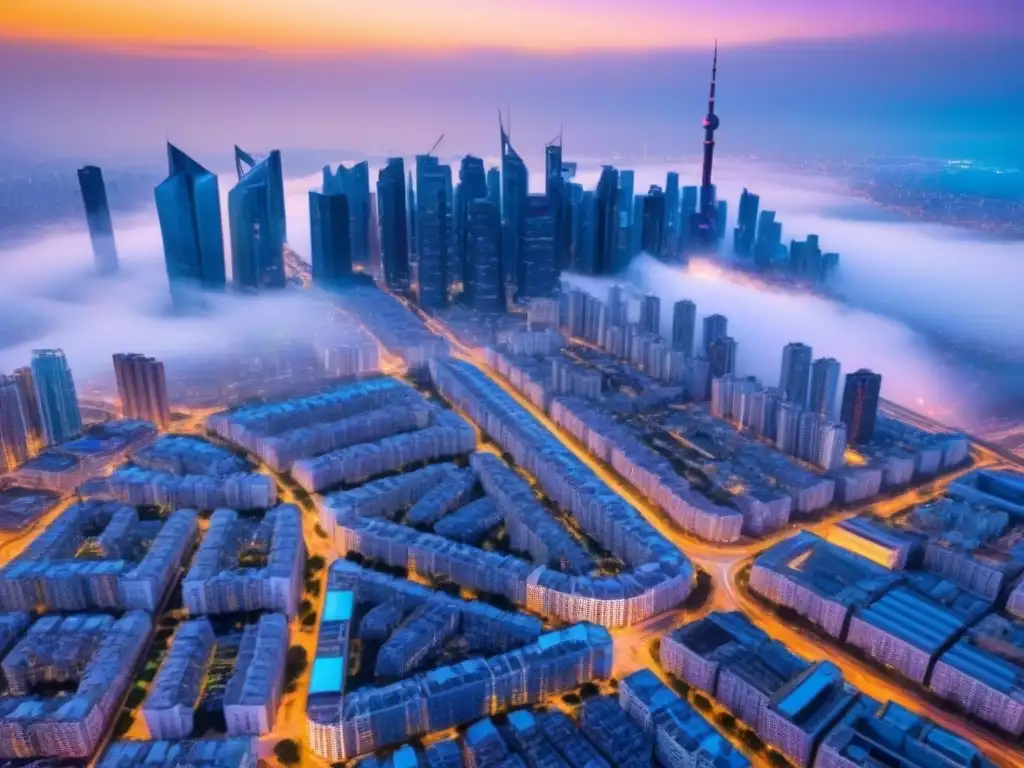 Vibrante metrópolis futurista: ¡invierte en propiedades internacionales ya! Inversión inmobiliaria global contra inflación: Ciudad futurista con rascacielos modernos y mercado inmobiliario internacional activo