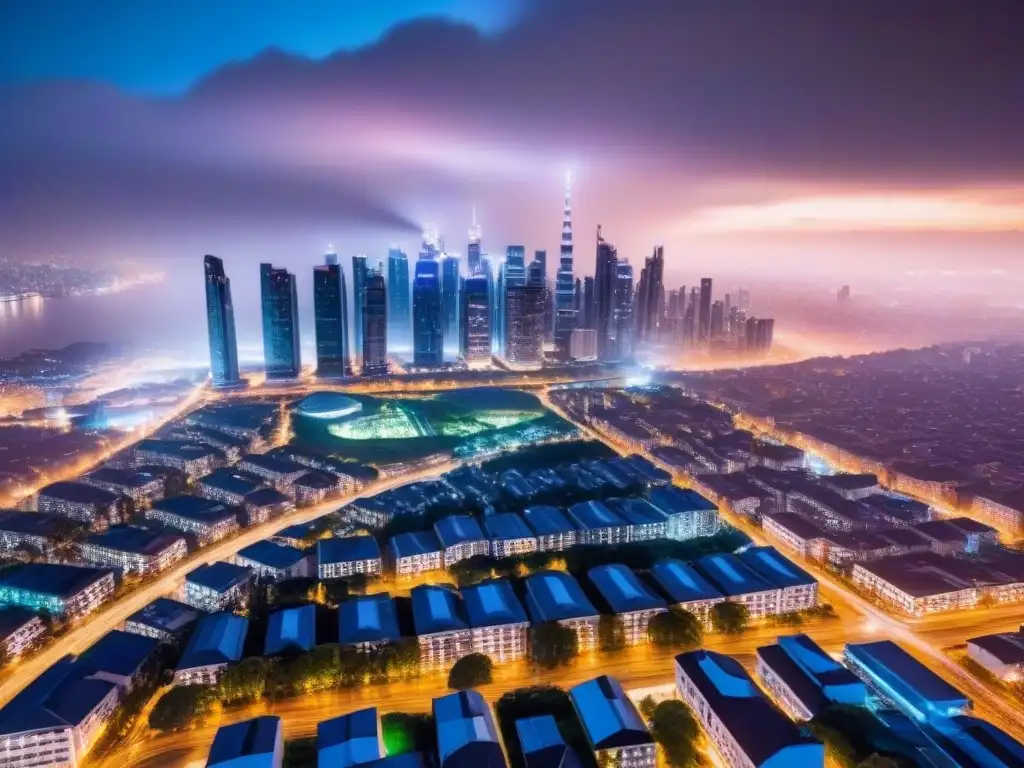 Metrópolis futurista: innovación y crecimiento urbano Inversión inmobiliaria global contra inflación: Ciudad futurista iluminada por luces nocturnas