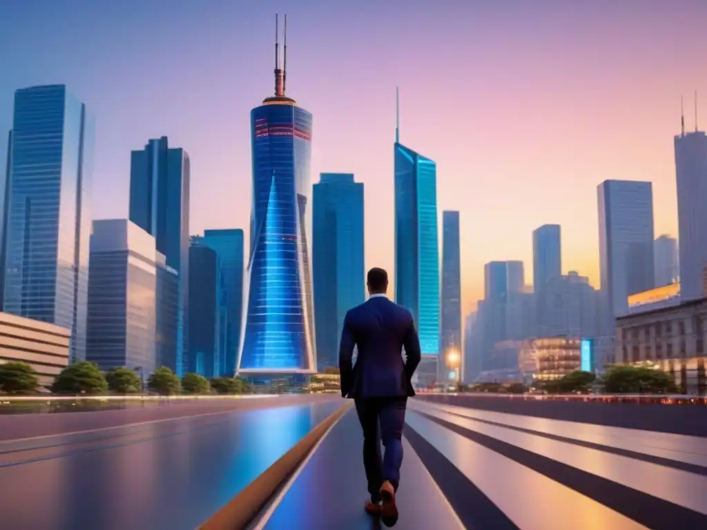 Metropolis futurista: jóvenes profesionales en auge Inversión inmobiliaria global millennials: Ciudad futurista con rascacielos iluminados y jóvenes profesionales en ajetreadas calles al anochecer