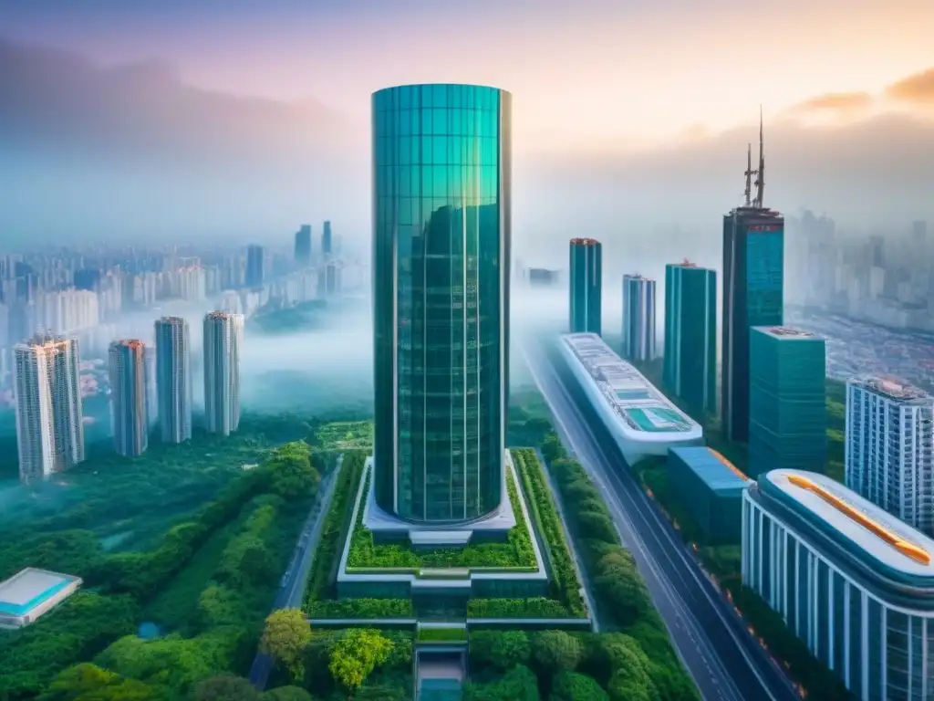 Rascacielos de lujo en metrópoli global: símbolo de inversión internacional Inversión inmobiliaria global mercado internacional: Un rascacielos moderno rodeado de vegetación, reflejando la ciudad vibrante abajo