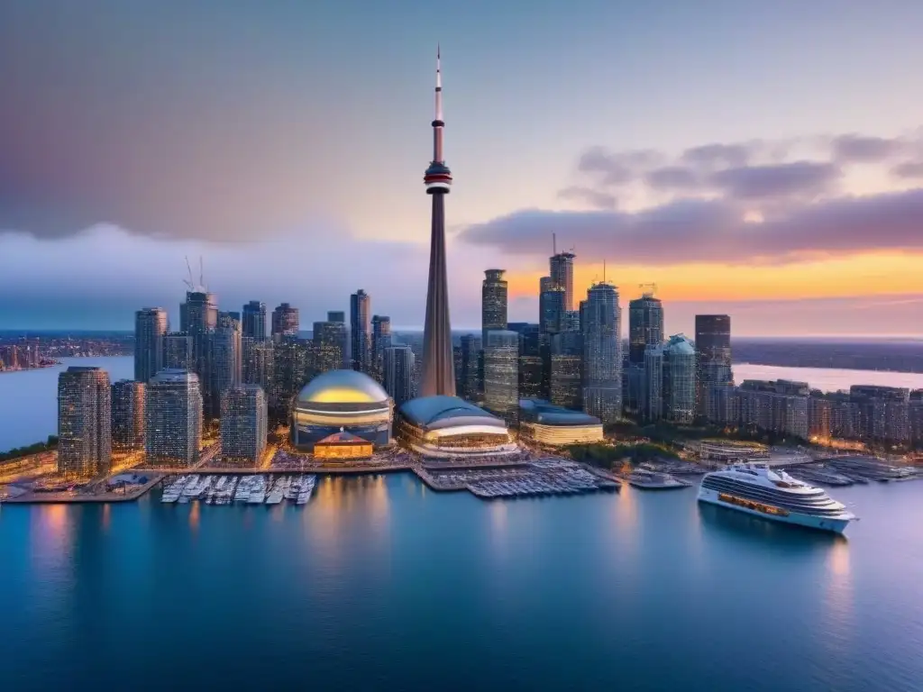 Espectacular atardecer en Toronto con la CN Tower Inversión inmobiliaria en Canadá: La imponente CN Tower destaca en el vibrante atardecer de Toronto, rodeada de modernos rascacielos