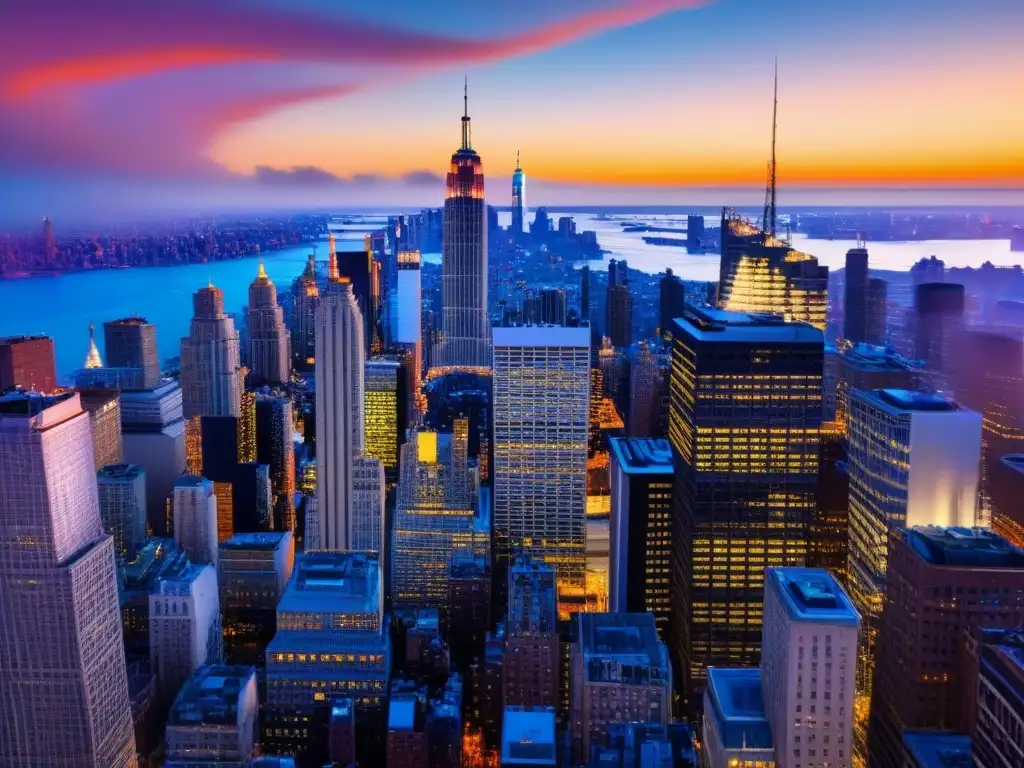 Espléndido atardecer en Nueva York: luces y arquitectura icónica Inversión inmobiliaria internacional en Nueva York: Vista aérea del icónico skyline al atardecer, con rascacielos iluminados por el sol