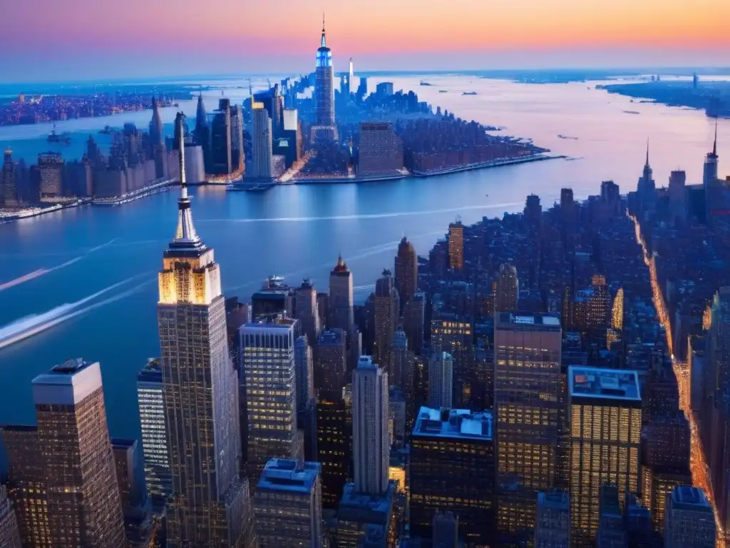 Espectacular skyline de Nueva York al anochecer: oportunidades de inversión Inversión inmobiliaria internacional en Nueva York: Vista aérea impresionante del icónico skyline al anochecer, con rascacielos iluminados