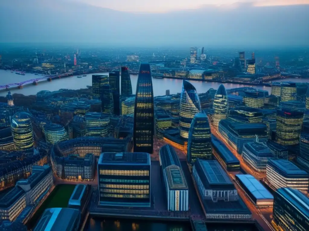 Inversión inmobiliaria en Londres: tradición e innovación postBrexit Inversión inmobiliaria internacional post-Brexit: Vista aérea de Londres con rascacielos modernos y arquitectura histórica