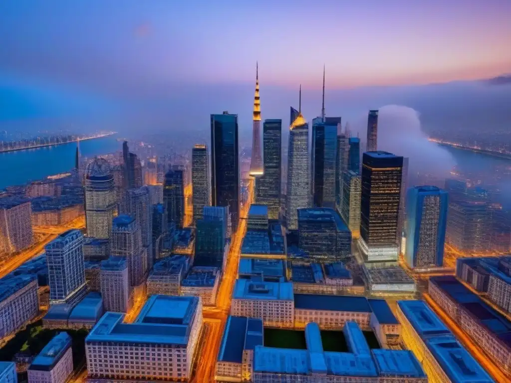 Horizonte urbano vibrante al anochecer: inversión inmobiliaria global Inversión inmobiliaria internacional análisis detallado: Ciudad vibrante con modernos rascacielos y arquitectura histórica iluminada al anochecer