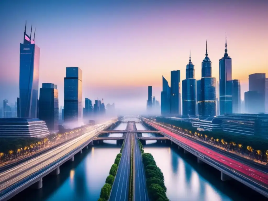Metrópolis futurista: crecimiento e innovación inmobiliaria internacional Inversión inmobiliaria internacional análisis detallado: Ciudad futurista vibrante al anochecer, con rascacielos relucientes y calles bulliciosas