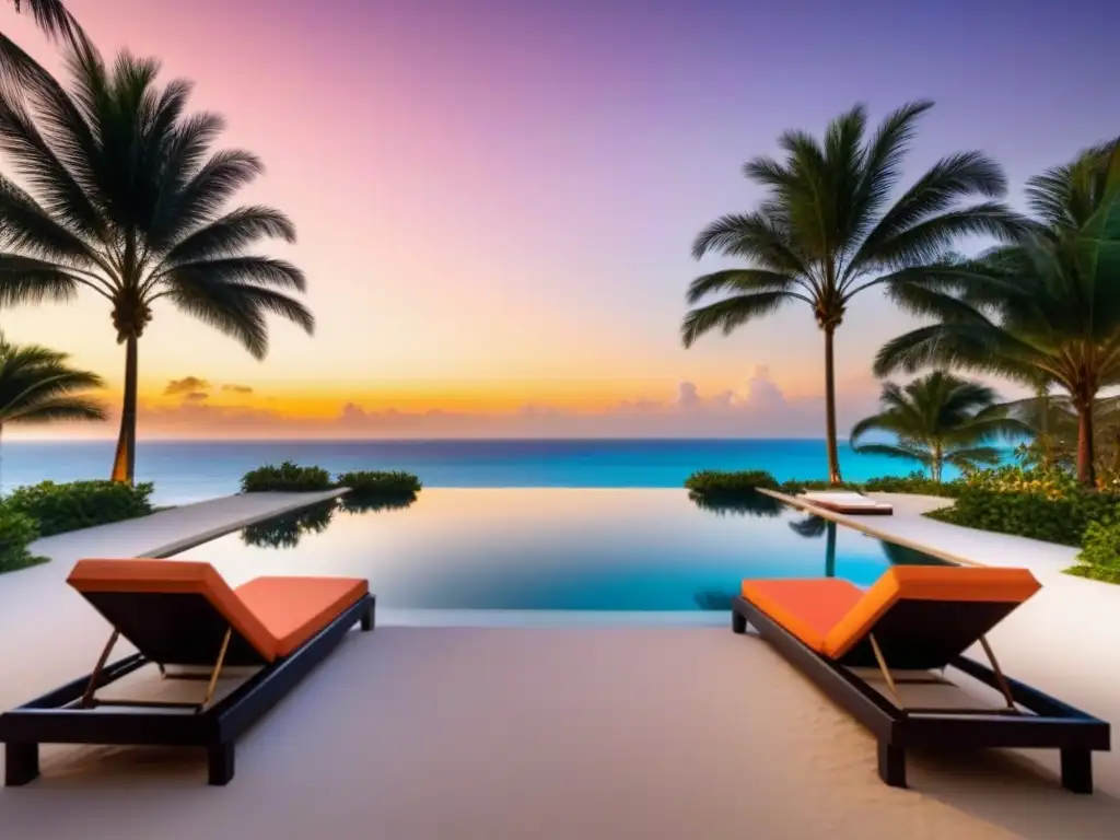 Piscina infinita de lujo en paraíso tropical al atardecer Inversión inmobiliaria internacional: atardecer en piscina de lujo con playa tropical al fondo