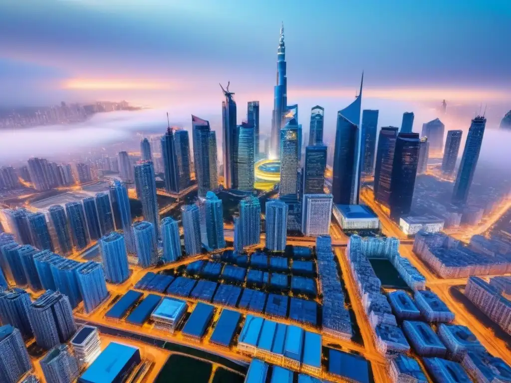 Metrópolis futurista: arquitectura tradicional y tecnología blockchain Inversión inmobiliaria internacional con blockchain: una vista aérea detallada de una ciudad futurista y conectada