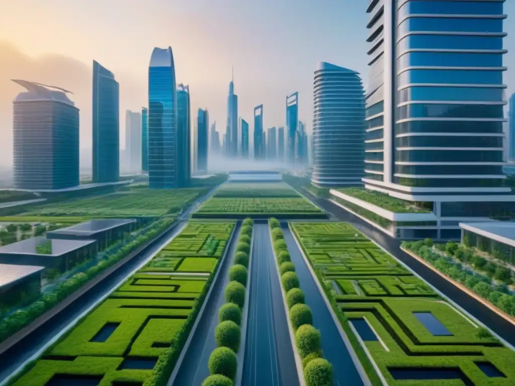 Metrópolis futurista: armonía entre rascacielos y naturaleza Inversión inmobiliaria internacional cambios normativos: Futurista ciudad eco-sostenible con rascacielos modernos integrados con vegetación exuberante