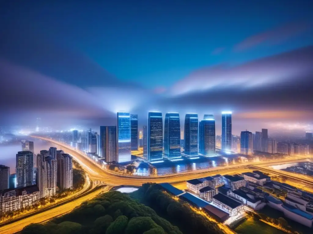 Skyline futurista con seguridad digital en inversión inmobiliaria Inversión inmobiliaria internacional ciberseguridad: Ciudad futurista de noche con bloqueos digitales en rascacielos
