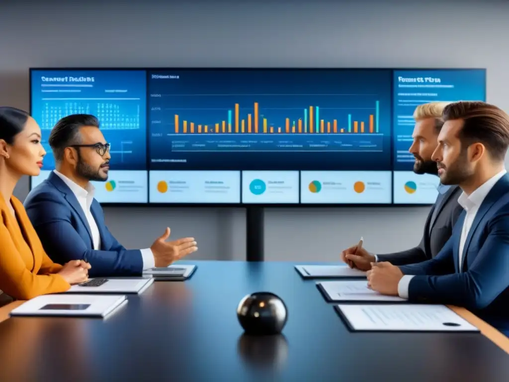 Inversores internacionales en sala de juntas de lujo, analizando datos Inversión inmobiliaria internacional ciclos económicos: Grupo diverso de inversores en moderna sala de juntas, analizando gráficos y proyectando ideas