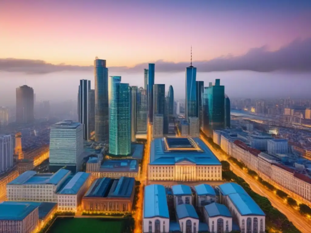 Oportunidades de inversión en bienes raíces: ciudad moderna y vibrante Inversión inmobiliaria internacional en ciclos económicos: Ciudad vibrante con edificios modernos y antiguos, simbolizando crecimiento económico