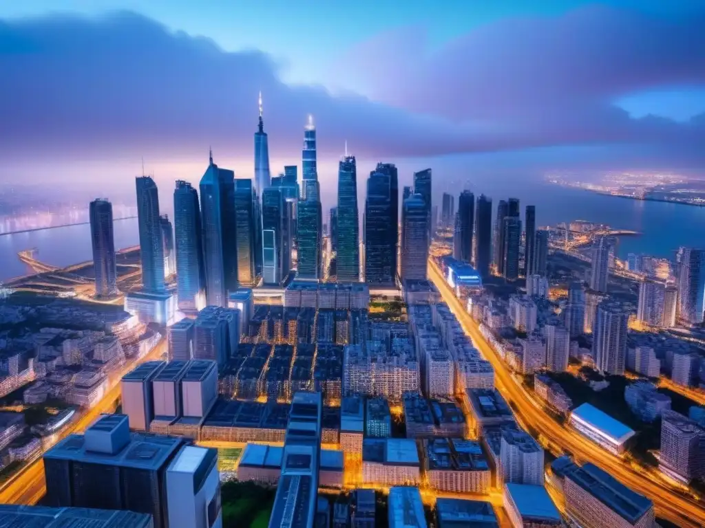 Metrópolis futurista al anochecer: luces y modernidad Inversión inmobiliaria internacional ciclos económicos: Ciudad futurista con rascacielos y transporte urbano en atardecer vibrante