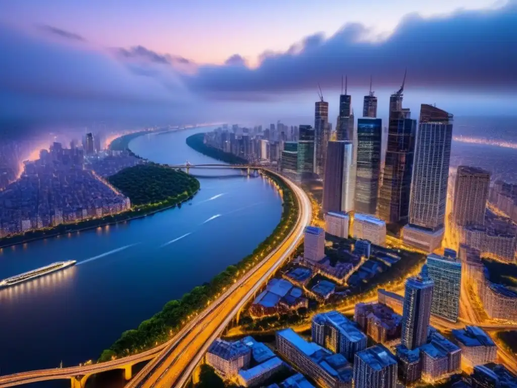 Vista aérea impactante de ciudad moderna al atardecer Inversión inmobiliaria internacional para Millennials: Ciudad moderna al atardecer con río y puentes iluminados
