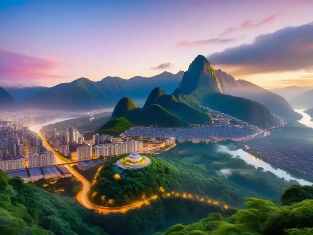 Metrópolis cosmopolita al atardecer: luces, ríos y montañas Inversión inmobiliaria internacional en una ciudad vibrante al anochecer, con rascacielos y edificios históricos iluminados