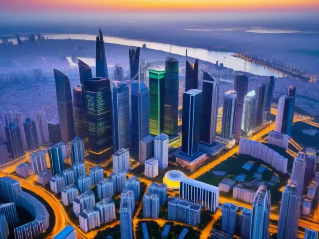 Inversiones inmobiliarias globales: metrópolis futurista Inversión inmobiliaria internacional para Millennials: Ciudad moderna con rascacielos y arquitectura futurista, bañada por la luz del atardecer