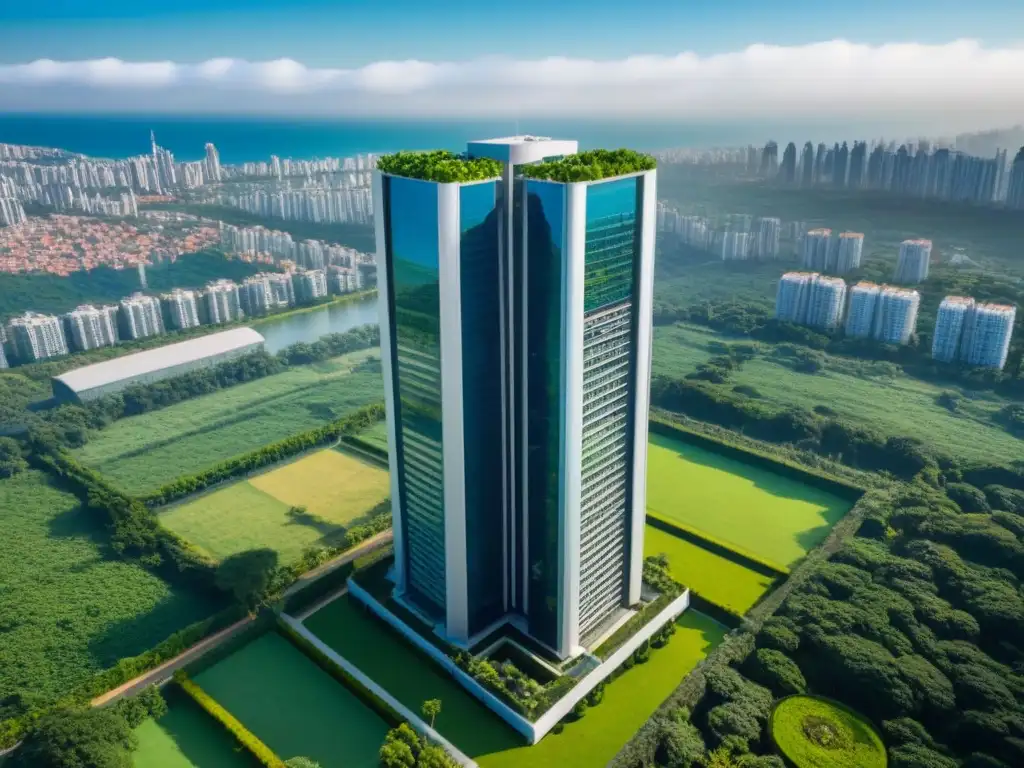 Inversión inmobiliaria ética: Edificio moderno en armonía con la naturaleza Inversión inmobiliaria internacional ética y conforme, con moderno edificio rodeado de vegetación exuberante bajo cielo azul