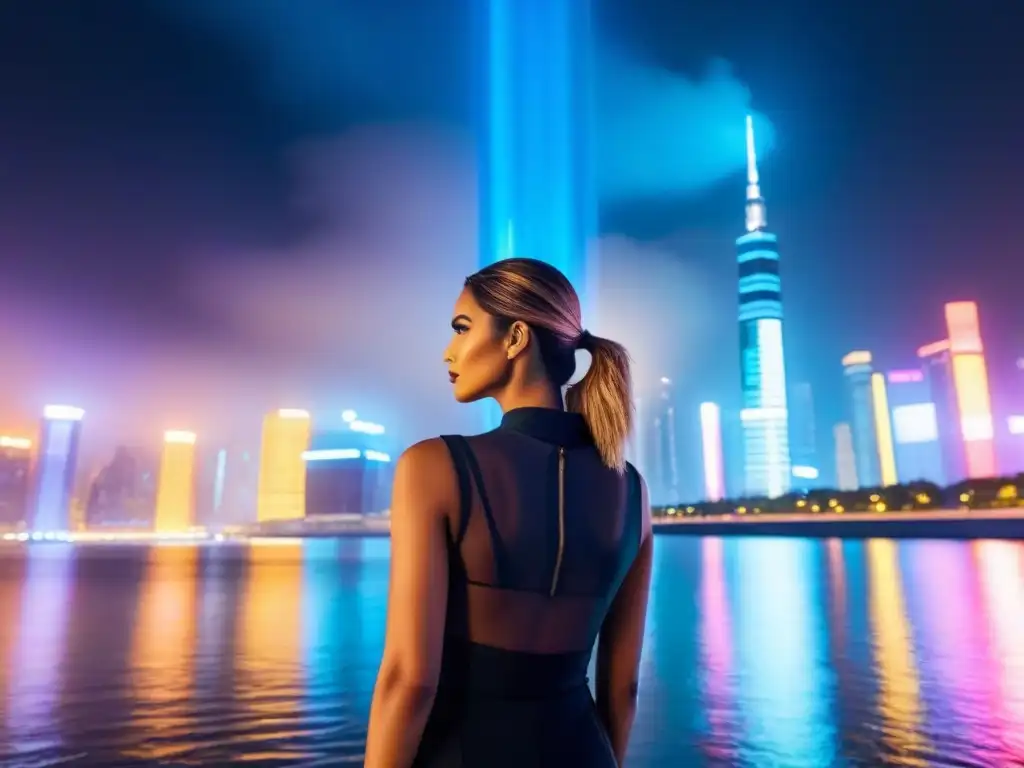 Esplendor urbano: rascacielos futurista en ciudad luminosa Inversión inmobiliaria internacional con criptomonedas: Rascacielos moderno, vidrio brillante, ciudad neon y río reflejando la metrópolis avanzada