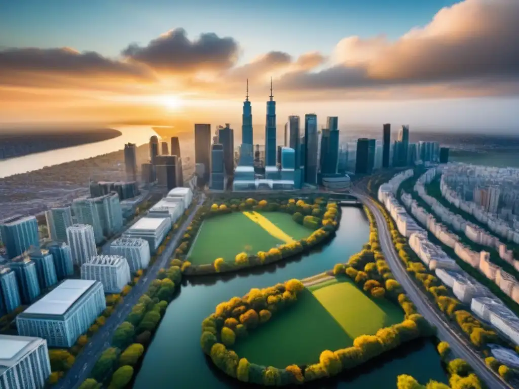Horizonte urbano al atardecer: arquitectura moderna y naturaleza en armonía Inversión inmobiliaria internacional en crisis: Vibrante ciudad al atardecer con rascacielos y edificios históricos