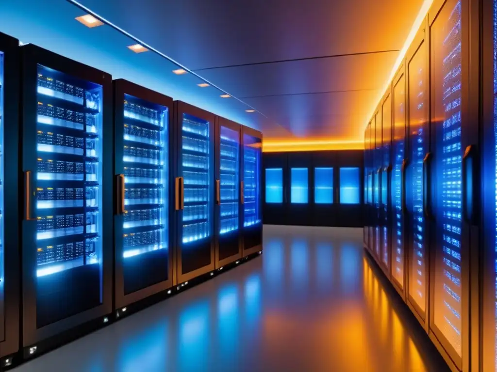 Centro de Datos Futurista: Tecnología Avanzada en Atardecer Dorado Inversión inmobiliaria internacional en crisis: Centro de datos futurista con servidores brillantes y atardecer dorado