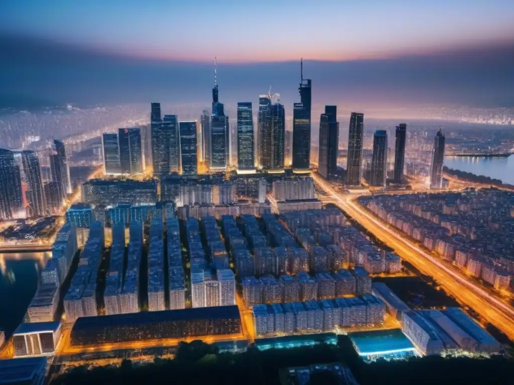 Vista nocturna deslumbrante de ciudad moderna en crecimiento Inversión inmobiliaria internacional en crisis: una ciudad vibrante y moderna, con rascacielos iluminados brillando en la noche