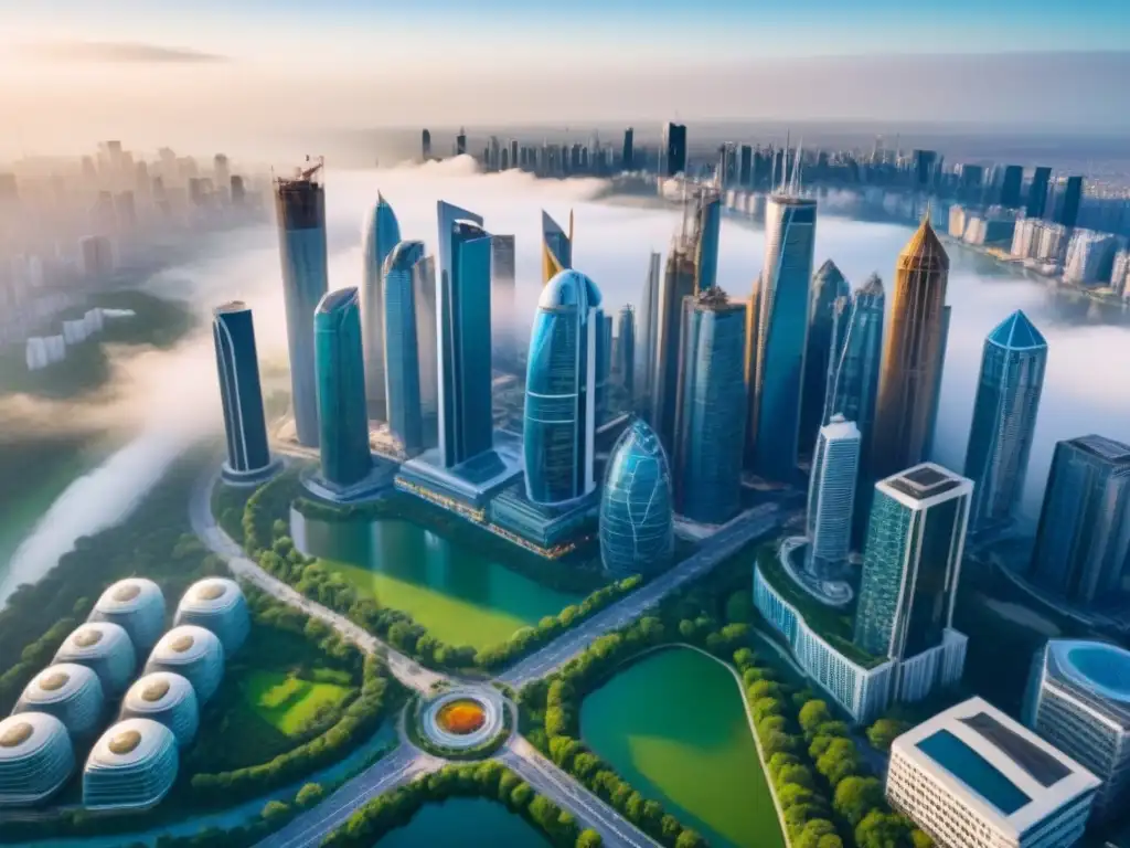 Horizonte urbano internacional: diversidad arquitectónica en atardecer Inversión inmobiliaria internacional para diversificación: Impresionante vista aérea de una ciudad moderna rodeada de naturaleza al atardecer