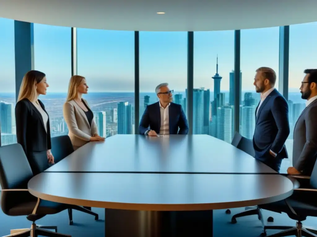 Inversionistas internacionales en Toronto: colaboración y visión global Inversión inmobiliaria internacional en Canadá: Grupo diverso de inversores en moderna oficina de Toronto, revisando oportunidades y planos