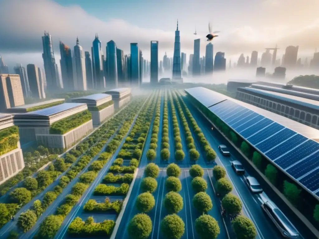 Metrópolis futurista eco-friendly y vibrante Inversión inmobiliaria internacional en economía circular: Ciudad futurista con rascacielos sostenibles y drones entre edificios
