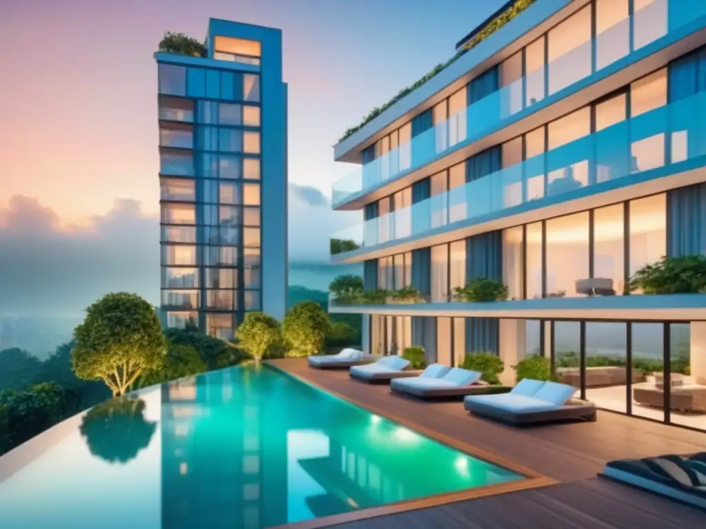 Edificio residencial de lujo con piscina y atardecer Inversión inmobiliaria post COVID internacional: Edificio residencial moderno de lujo con piscina y vegetación, reflejando la puesta de sol