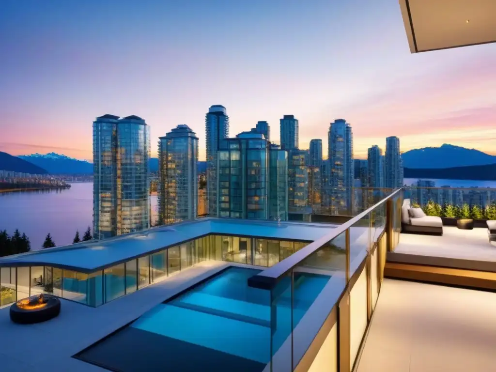 Condominio moderno en Vancouver: vivir la urbe canadiense Inversión inmobiliaria internacional en Canadá: Edificio moderno en Vancouver con vistas a la ciudad al atardecer