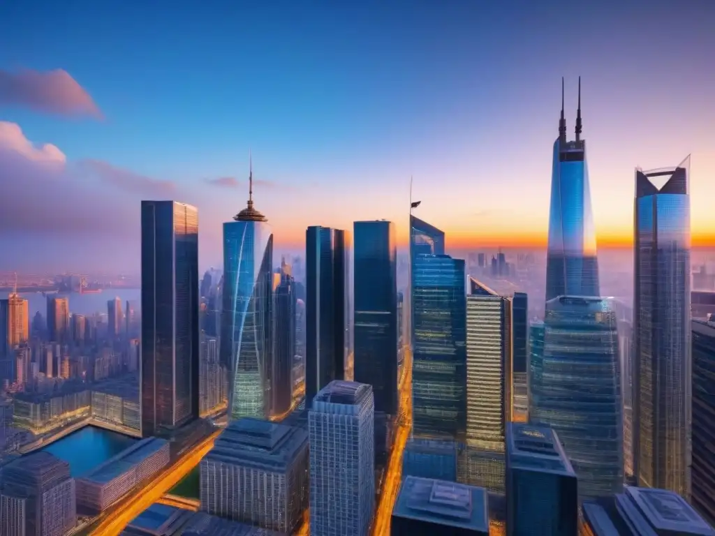 Inversionistas internacionales en ciudad de rascacielos al atardecer Inversión inmobiliaria internacional estrategias ganadoras: Atardecer dorado ilumina moderna ciudad con rascacielos y reunión de inversionistas