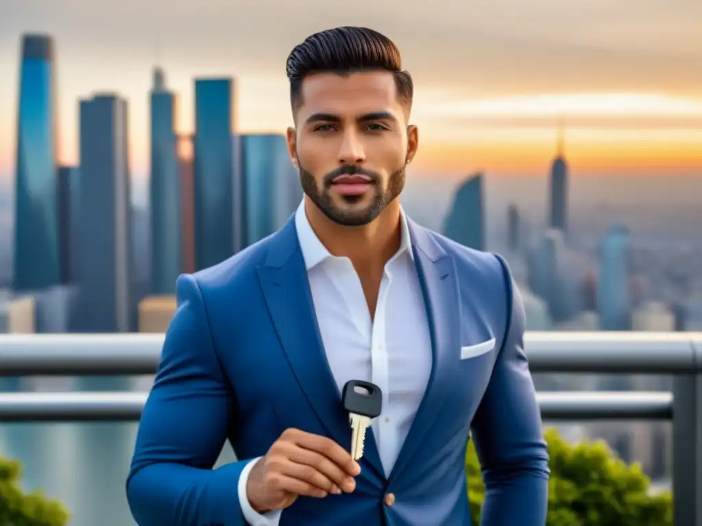 Joven influencer con llaves de propiedad internacional de lujo Inversión inmobiliaria internacional: influencer exitoso frente a icónicos rascacielos