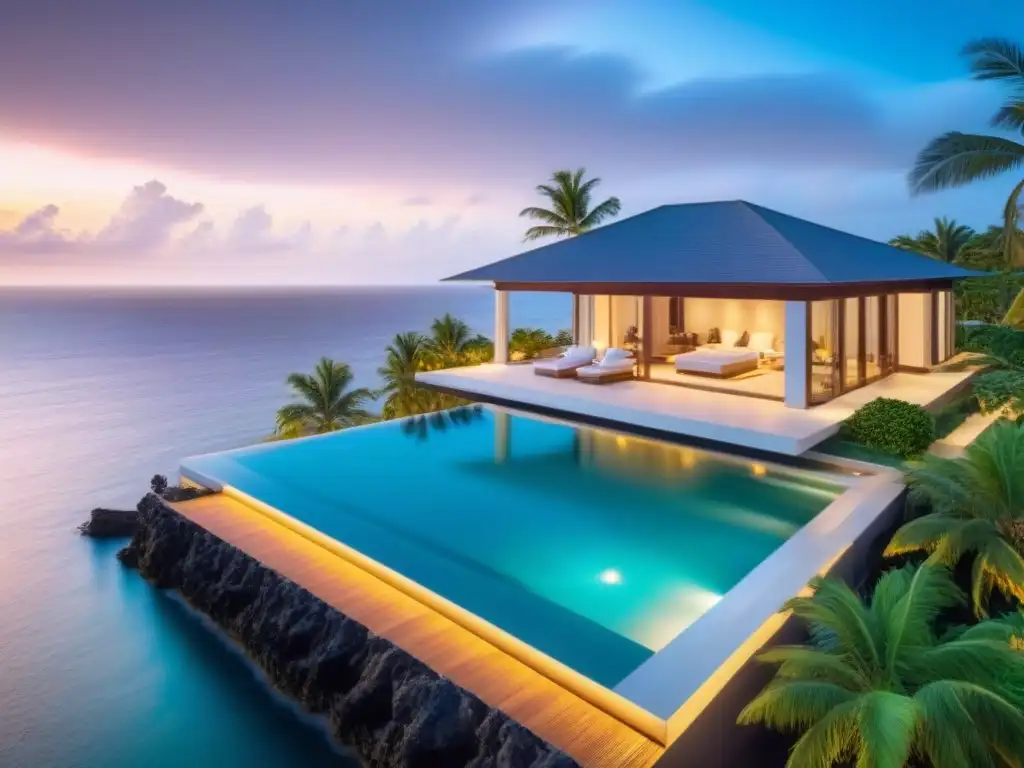 Propiedad de lujo frente al mar: éxito y sofisticación Inversión inmobiliaria internacional para expatriados: Residencia de lujo con piscina infinita y diseño moderno frente al mar al atardecer