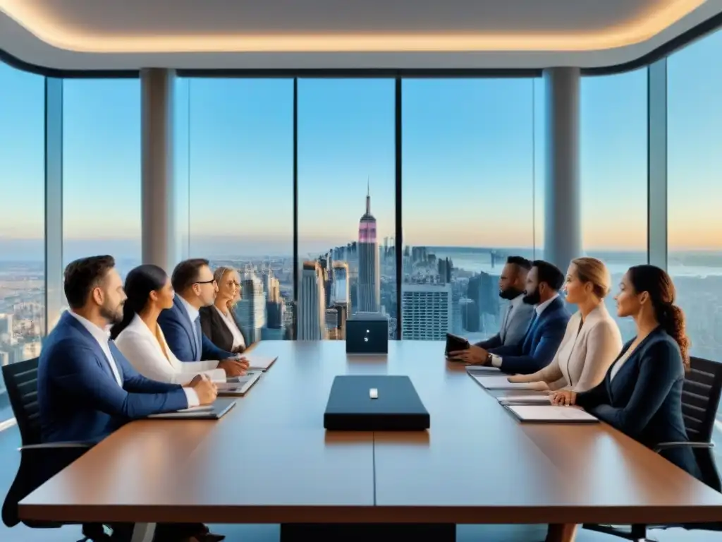 Inversionistas inmobiliarios internacionales en reunión de negocios Inversión inmobiliaria internacional para expatriados en lujosa sala de juntas con inversores analizando propiedades globales