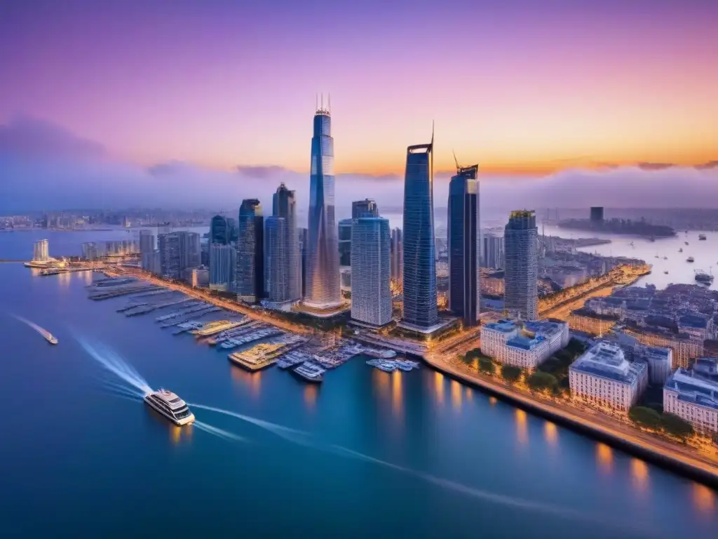 Espléndida vista aérea de ciudad vibrante al anochecer Inversión inmobiliaria internacional para expatriados: Atardecer en vibrante ciudad con rascacielos y edificios históricos iluminados
