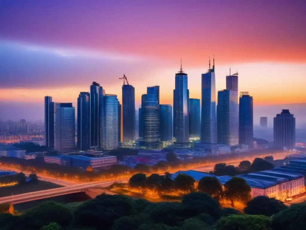 Horizonte urbano moderno al atardecer: inversión inmobiliaria internacional Inversión inmobiliaria internacional en fluctuaciones: Horizonte urbano moderno al anochecer, con rascacielos iluminados