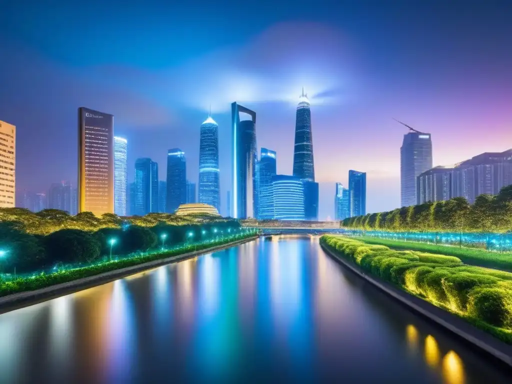 Metrópolis futurista: luces nocturnas y arquitectura verde Inversión inmobiliaria internacional durante recesión: Ciudad futurista nocturna con rascacielos iluminados y diseño verde