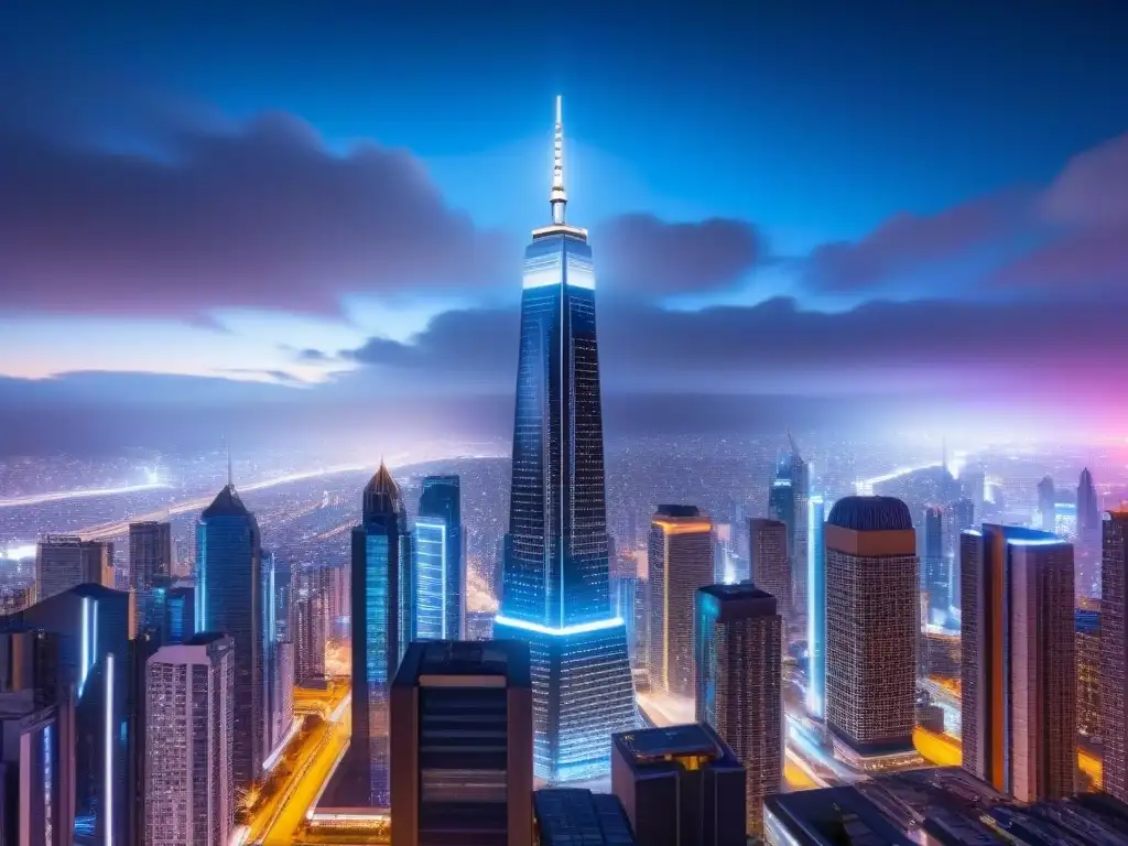 Metrópolis futurista de noche: rascacielos y vehículos voladores en 8k Inversión inmobiliaria internacional para Gen Z: Ciudad futurista nocturna con rascacielos iluminados por luces neón y autos voladores